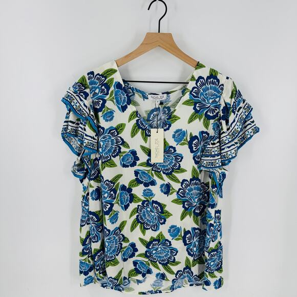 Rachel Zoe NWT Blue Floral Ruffle Sleeve Top Size 1X Boho Resort Blouse - Picture 9 of 9
